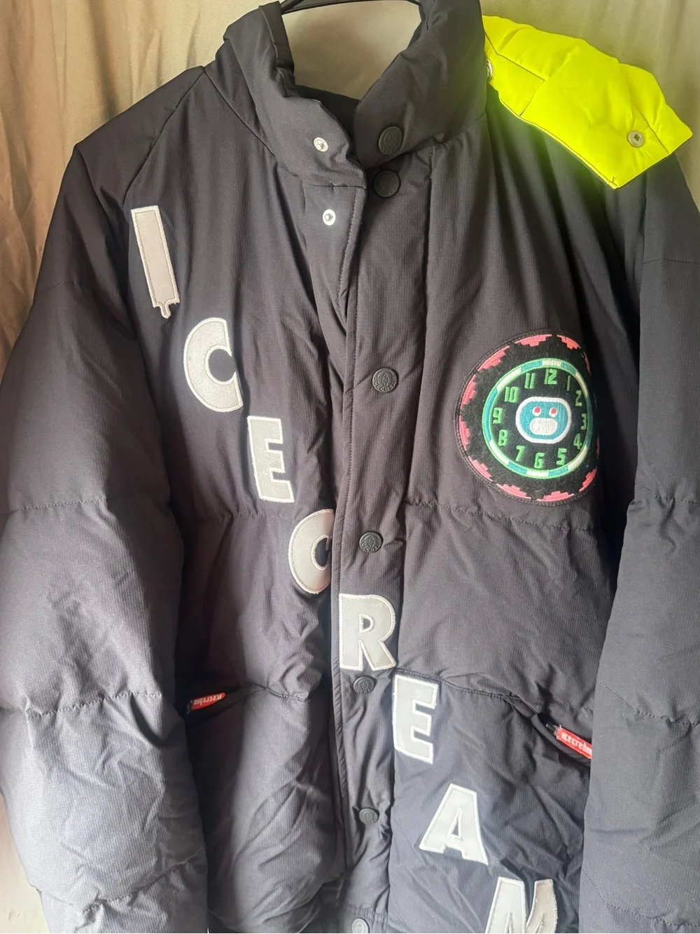 Icecream Black Puffer Jacket with Neon Yellow Shoulder Accent